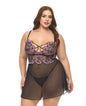 Adela Embroidered Boned Lace and Mesh Babydoll w/G-String 2 pc Set - Black/Pink 2X