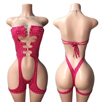 Hot Nights- Center Stage Lace Up Rhinestone Bodysuit