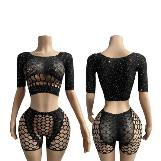Hot Nights- Skin-vestment Rhinestone 2pc Short Set by Hot Nights