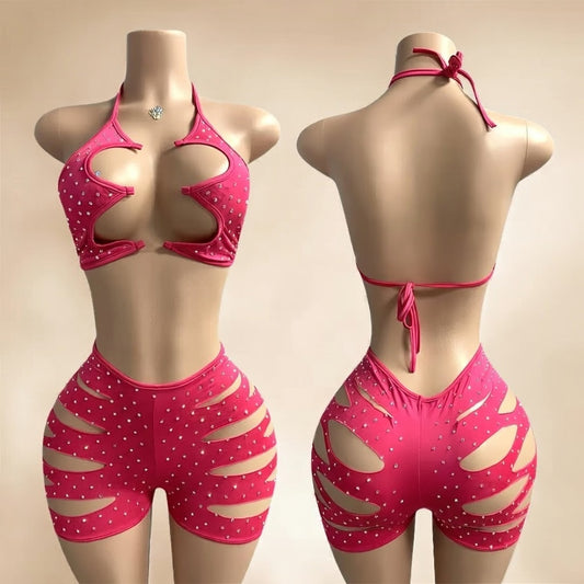 Hot Nights-  Temptations Rhinestone 2pc Short Set