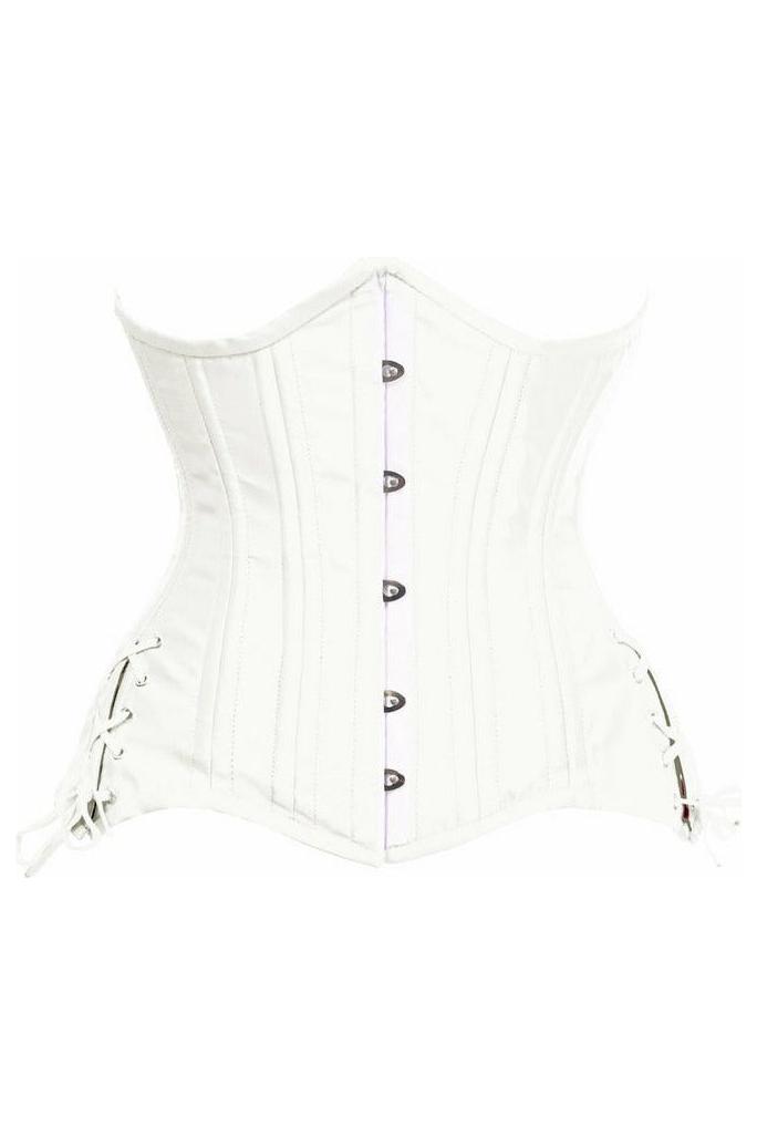 Top Drawer White Satin Double Steel Boned Curvy Cut Waist Cincher Corset w/Lace-Up Sides
