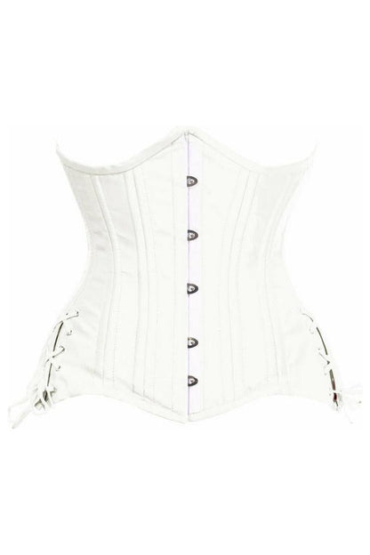 Top Drawer White Satin Double Steel Boned Curvy Cut Waist Cincher Corset w/Lace-Up Sides