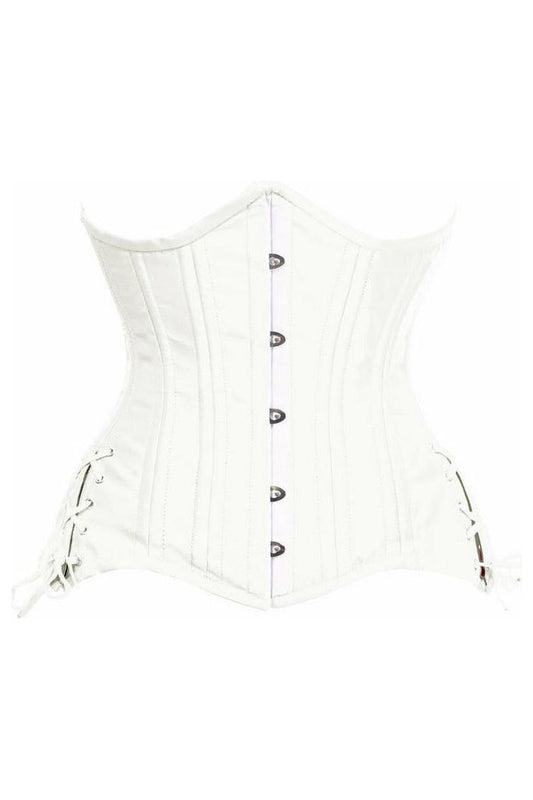 Top Drawer White Satin Double Steel Boned Curvy Cut Waist Cincher Corset w/Lace-Up Sides