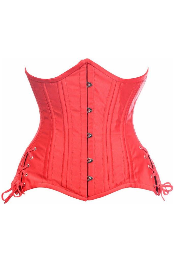 Top Drawer Red Satin Double Steel Boned Curvy Cut Waist Cincher Corset w/Lace-Up Sides