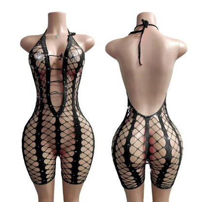 Hot Nights- Fine Line Rhinestone 1pc Short Bodysuit