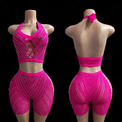 Hot Nights- Trouble Tonight Rhinestone Short Set