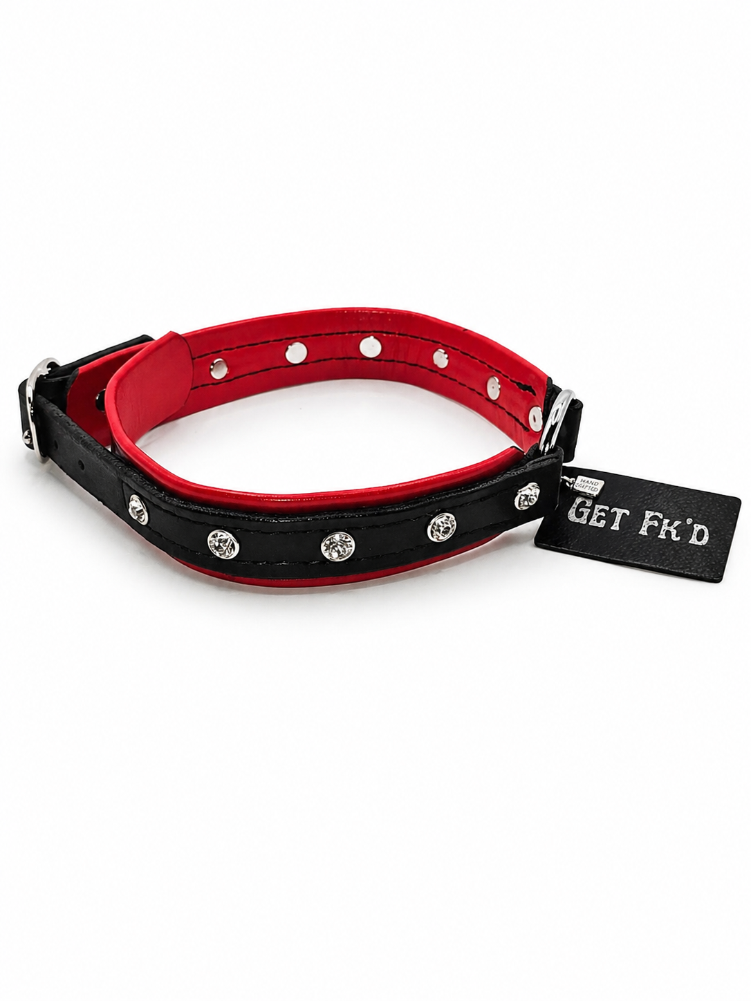 Get Fk’d - Red Lined Leather Rhinestone Collar – Handcrafted Genuine Leather by Lisa's Custom Leathercraft & Repair