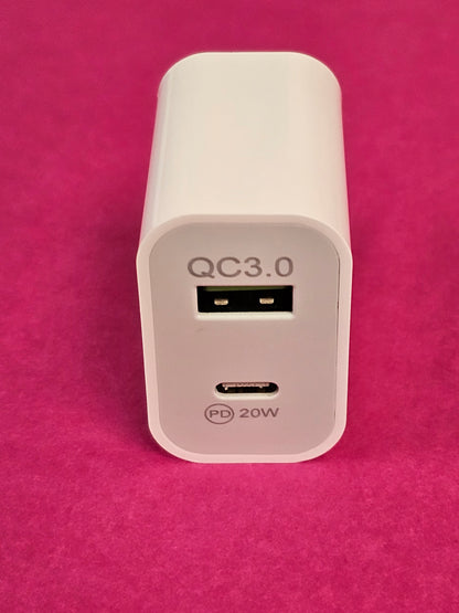 20W Fast Charging Dual Port USB-C & USB-A Block Adapter, US Plug