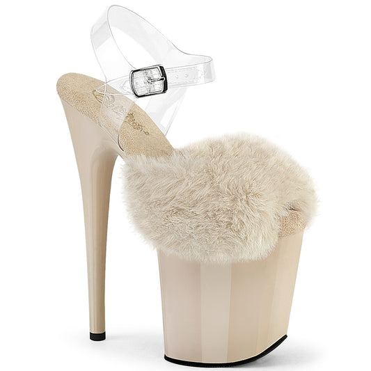 Pleaser - 8" Heel Ankle Strap Sandal with Cream Faux Fur