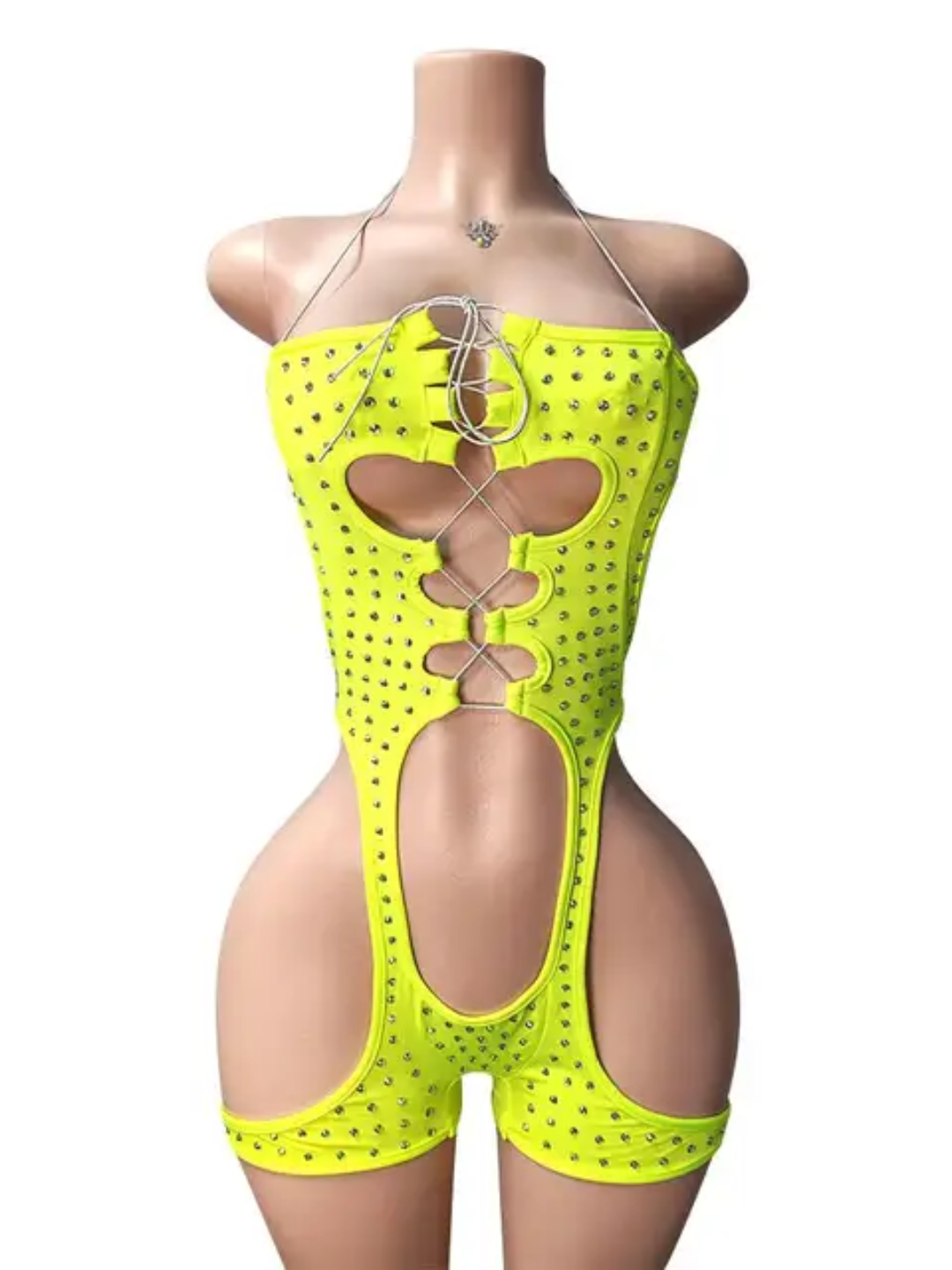 Hot Nights- Center Stage Lace Up Rhinestone Bodysuit