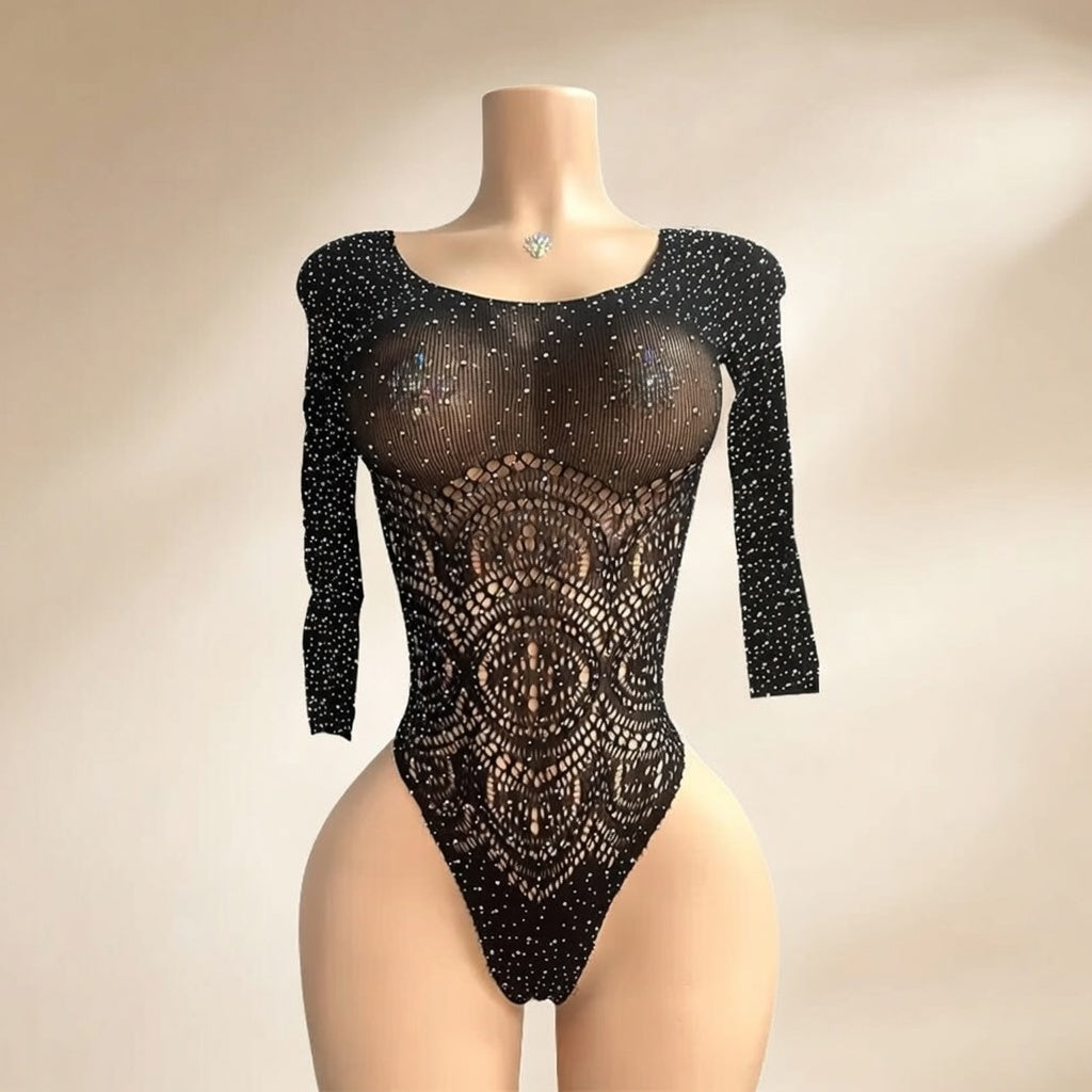 Hot Nights- Money Walk Rhinestone Long Sleeve Bodysuit by Hot Nights
