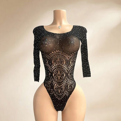 Hot Nights- Money Walk Rhinestone Long Sleeve Bodysuit by Hot Nights