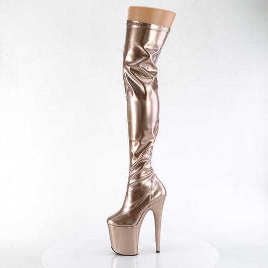 Pleaser 8" Heel Rose Gold Metallic Stretch Thigh Boot