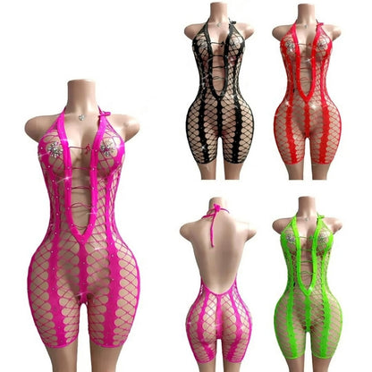 Hot Nights- Fine Line Rhinestone 1pc Short Bodysuit