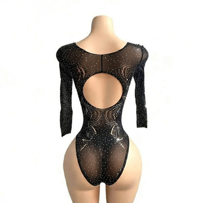 Hot Nights- Money Walk Rhinestone Long Sleeve Bodysuit by Hot Nights