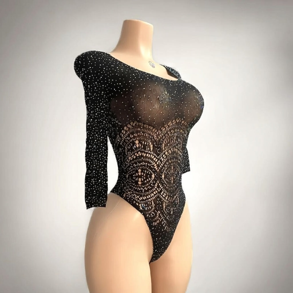 Hot Nights- Money Walk Rhinestone Long Sleeve Bodysuit by Hot Nights